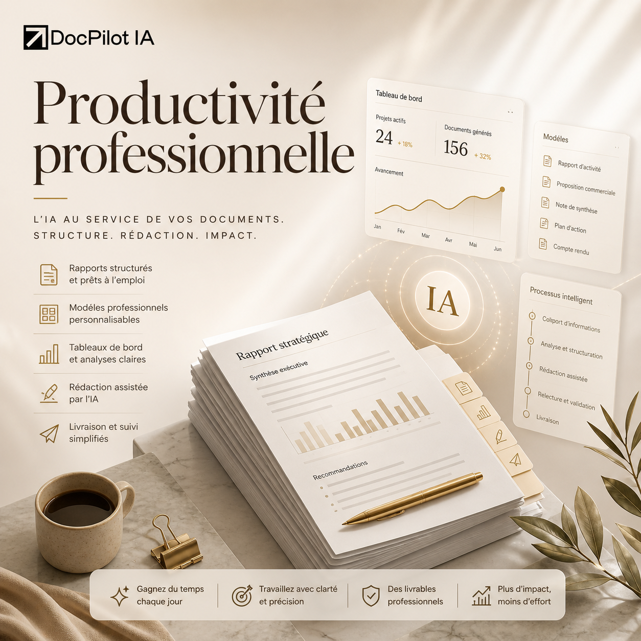 Affiche promotionnelle pour une solution d'intelligence artificielle (IA) axée sur la productivité professionnelle, avec des graphiques, des modèles de documents et une pile de rapports stratégiques, accompagnée d'une tasse de café, d'un stylo et de feuilles, avec des éléments graphiques indiquant les bénéfices et processus.