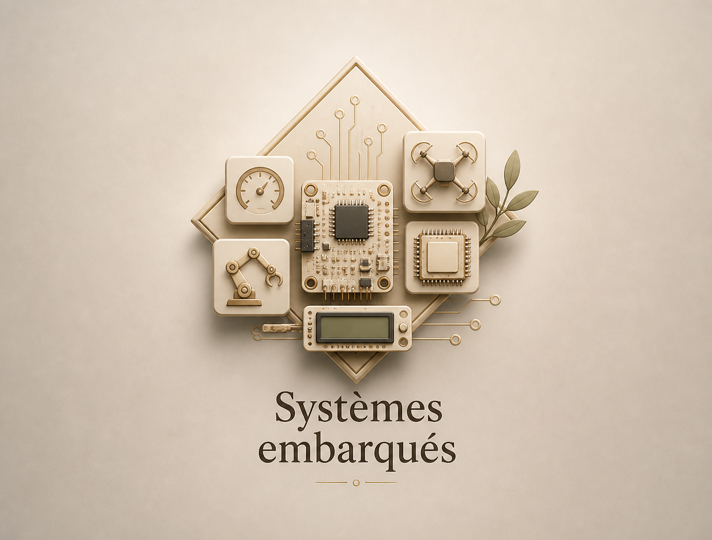 Illustration de différents systèmes embarqués tels que capteur, moteur, microprocesseur, écran, avec le texte 'Systèmes embarqués' en dessous.