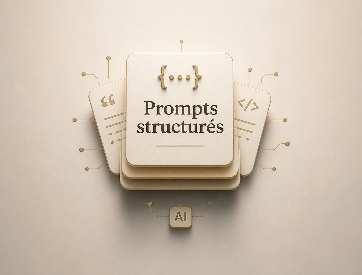 Illustration de blocs avec le texte 'Prompts structurés', entourés de symboles de code et de circuits, avec un symbole AI en dessous.