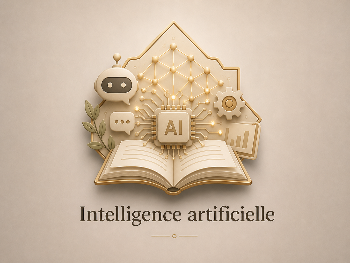 Illustration en 3D de l'intelligence artificielle avec un robot, un cerveau stylisé, un ordinateur portable ouvert, et des graphiques, accompagnée du texte "Intelligence artificielle" en français.