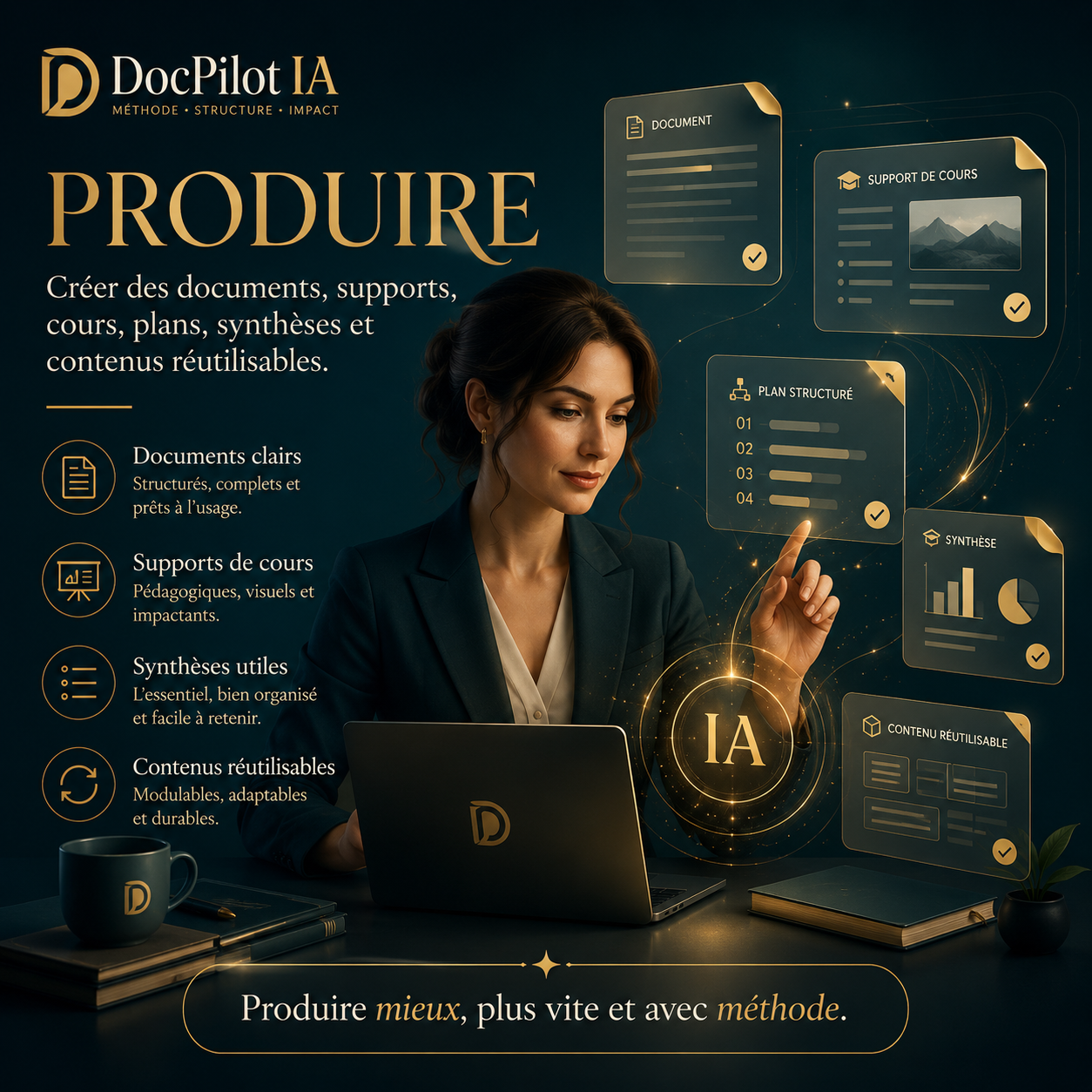 Affiche promotionnelle de DocPilot IA présentant la création de documents, supports, cours, plans, synthèses et contenus réutilisables avec une image d'une femme devant un ordinateur, entourée de graphiques et icônes liés à la production de contenu.