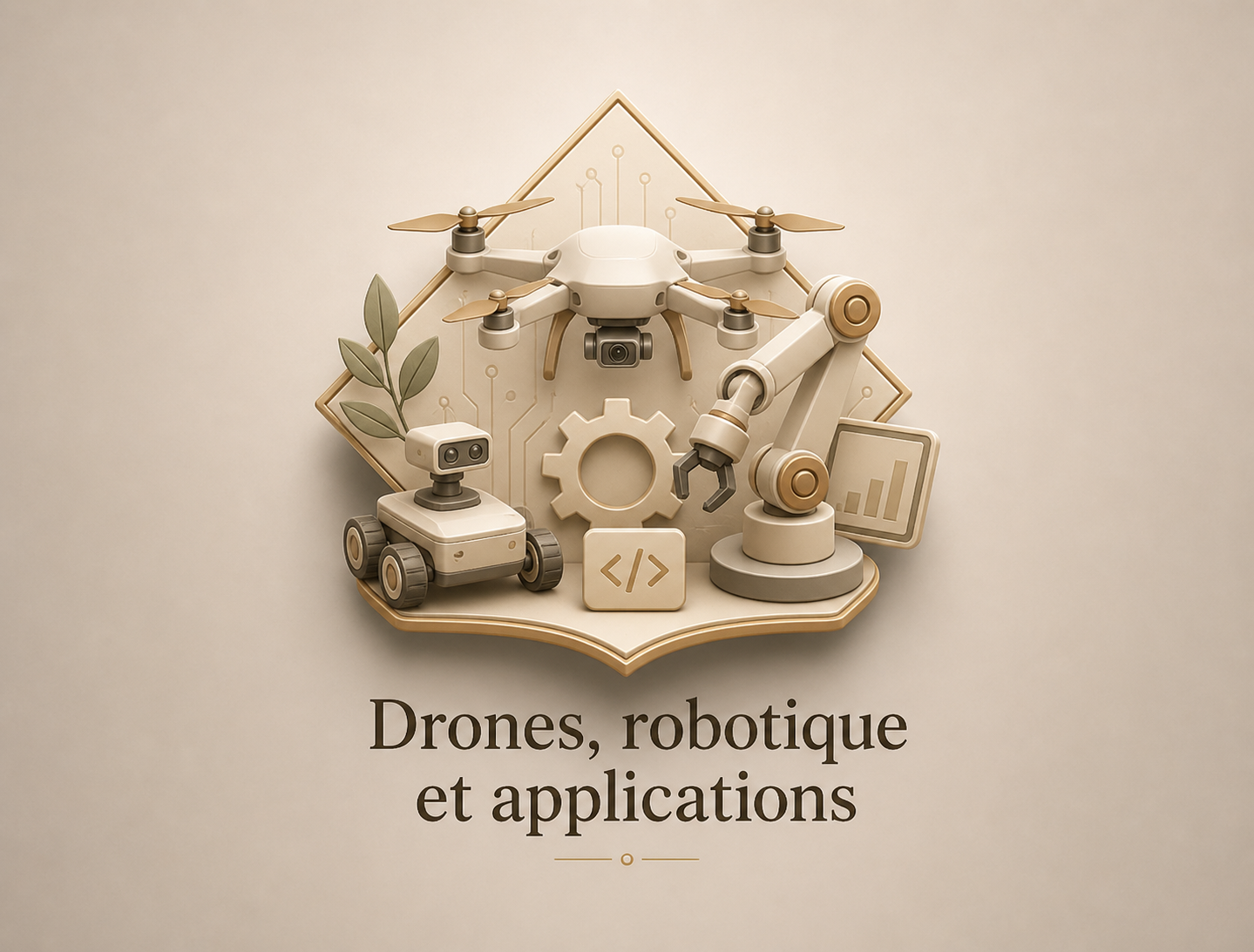 Illustration en teintes neutres de drones, robotique et applications, avec un drone, un robot mobile, un bras robotisé, une pièce d'ordinateur, un graphique, une feuille et un symbole de code, accompagnée du texte "Drones, robotique et applications".