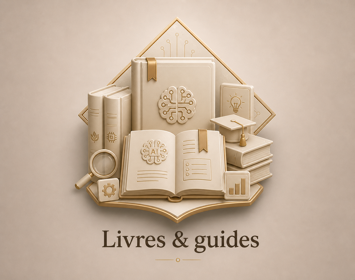 Illustration de livres et guides avec des symboles contenant une ampoule de lumière, une idée, des barres de progression et un symbole de cerveau avec des circuits. Texte en dessous : "Livres & guides".
