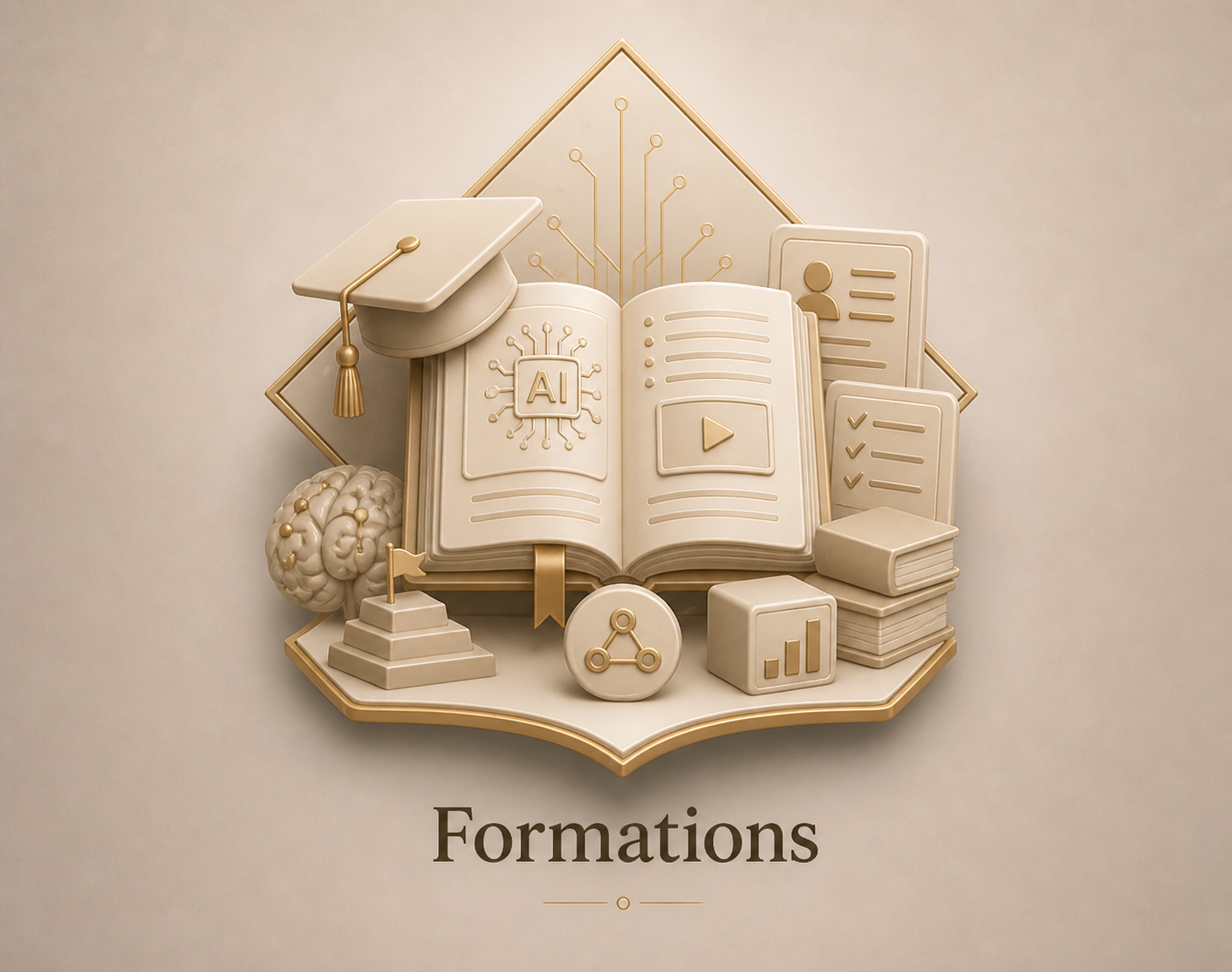 Représentation en 3D d'une collection d'éléments éducatifs en couleur crème et dorée, comprenant un livre ouvert sur l'intelligence artificielle, un cerveau, une casquette de diplômé, des dossiers, des graphiques, et des icônes de compétences, avec le mot 'Formations' en dessous.