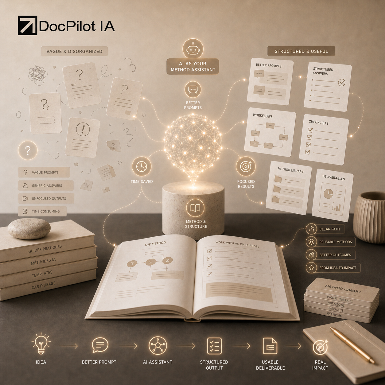 Une infographie expliquant le processus de l'IA dans la méthode et la structure, incluant des prompts, des résultats, des workflows, des listes de méthodes, et des livrables, avec un livre ouvert et des éléments de bureau