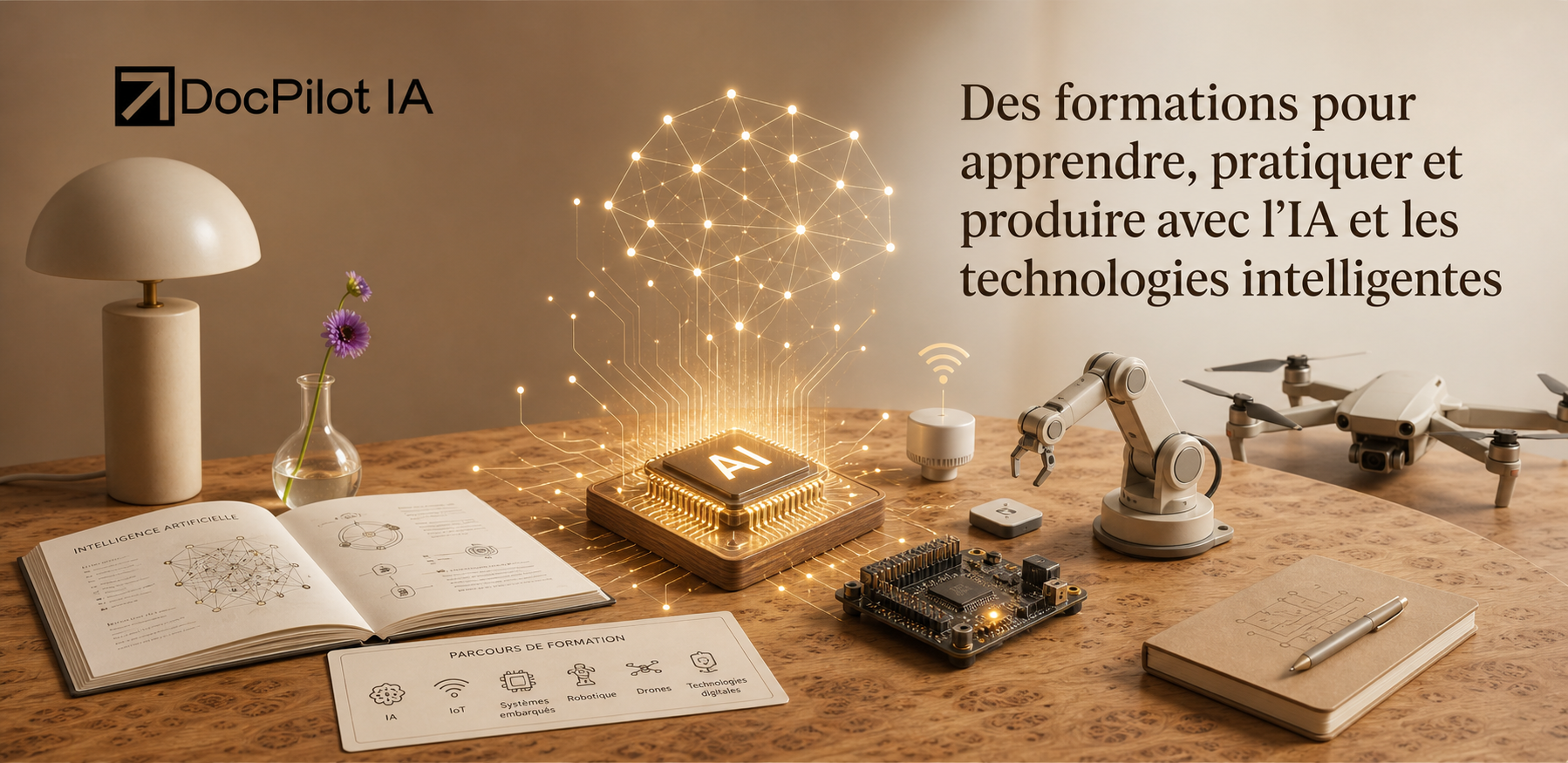Table avec un livre ouvert sur l'intelligence artificielle, un robot, un drone, une carte mère, une lampe, une bouteille avec une fleur, un notebook avec un stylo, et un diagramme sur la formation en technologie et IA, avec un graphique illustrant l'IA et un texte sur des formations en IA et technologies intelligentes.