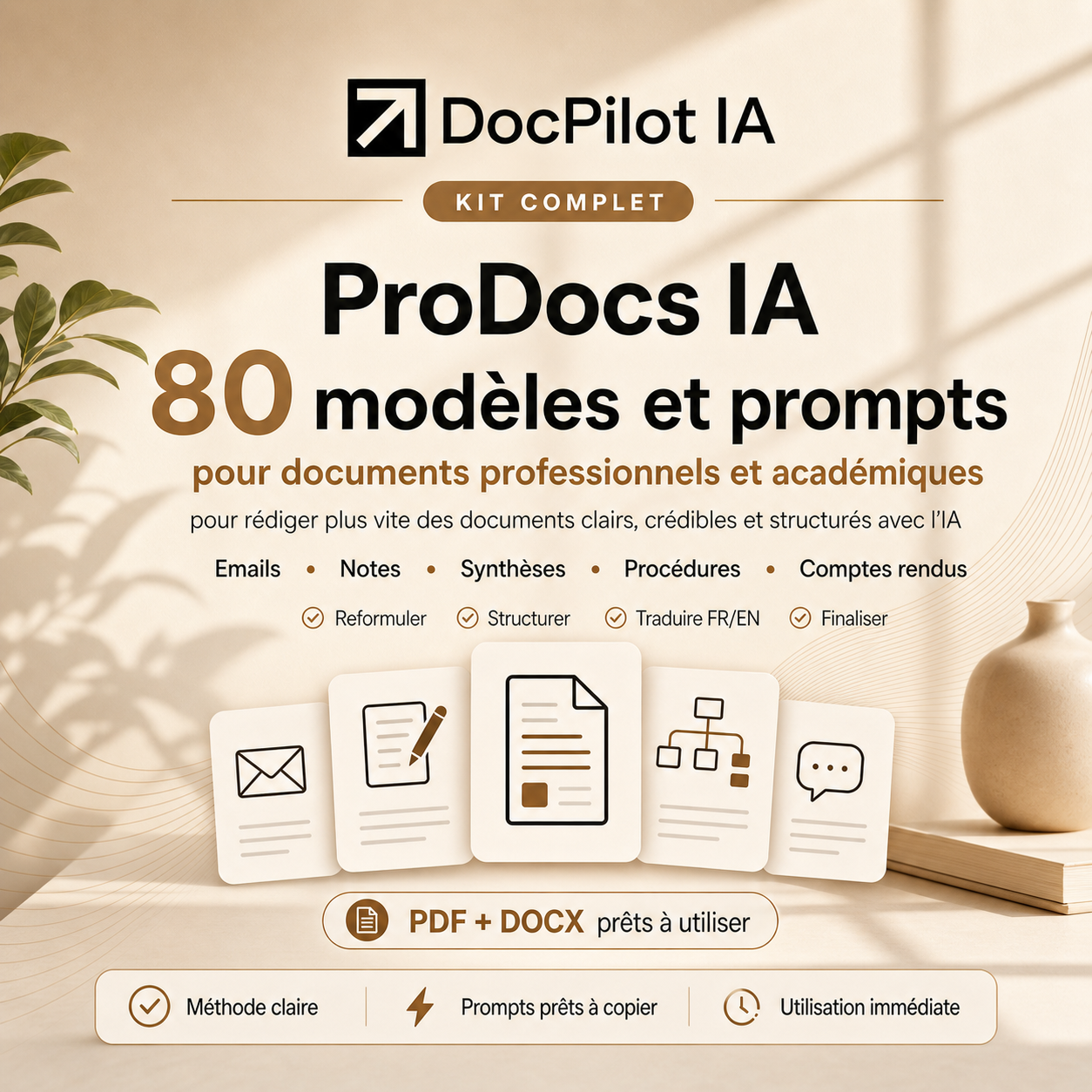 Couverture d'un kit de modèles et prompts pour documents professionnels avec IA. Inclut 80 modèles pour emails, notes, synthèses, procédures, comptes rendus, PDF et DOCX, avec des icônes représentant email, stylo, document, organigramme, et dialogue. Format PDF + DOCX, mode clair, prompts copiables, utilisation immédiate.