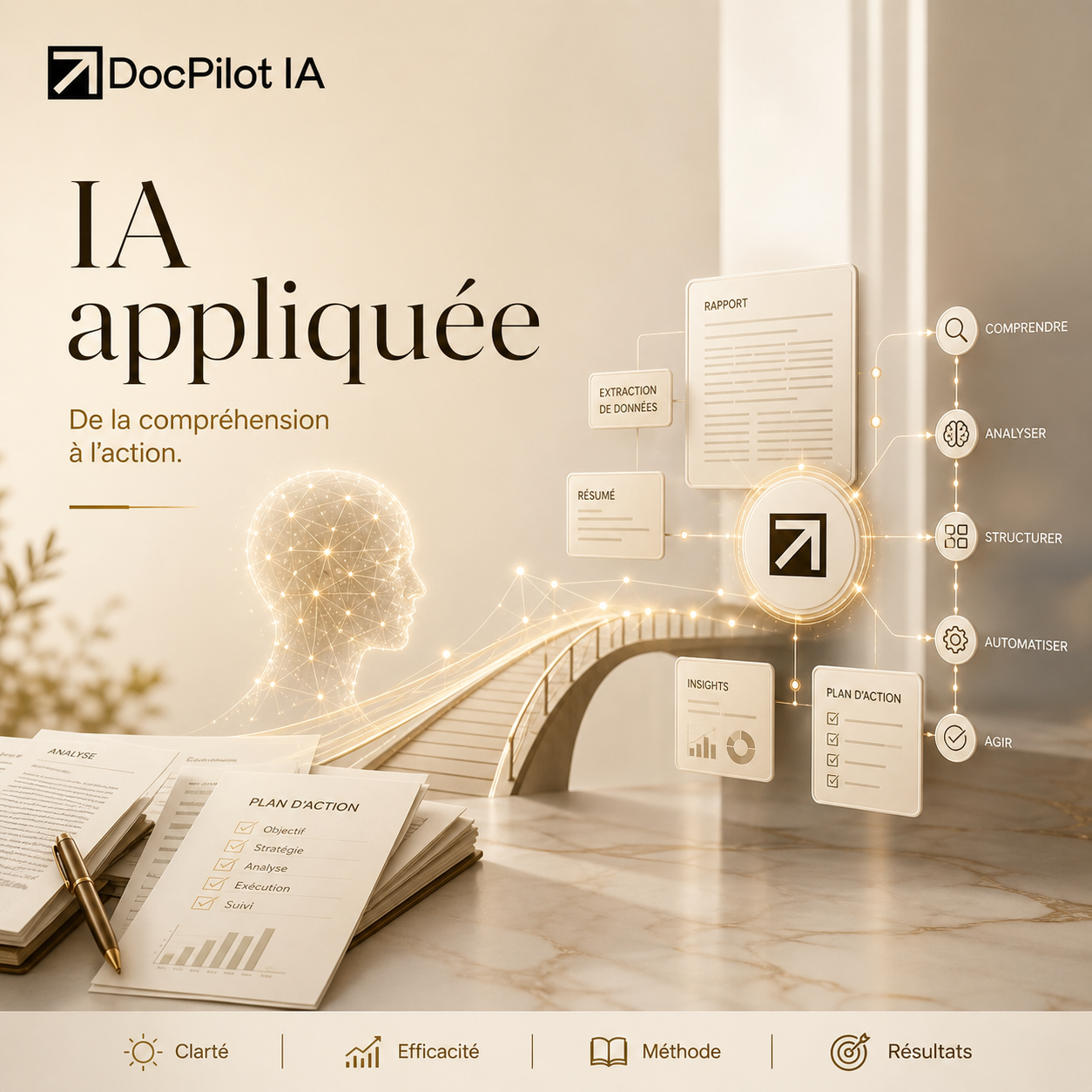 Image présentant une fiche de formation sur l'intelligence artificielle appliquée, avec un cerveau en fil de fer brillant et des documents liés à la planification d'actions, des icônes illustrant la compréhension, l'analyse, la structuration, l'automatisation et l'action.