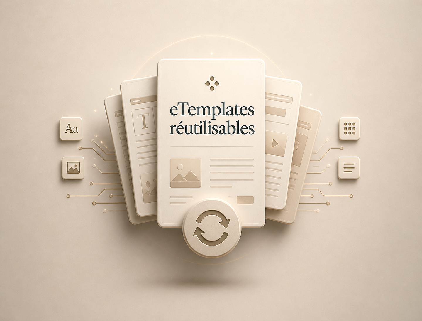 Modèles d'applications mobiles réutilisables représentant des écrans, avec des icônes pour texte, image, menu, et fonctionnalités de mise à jour ou rafraîchissement.