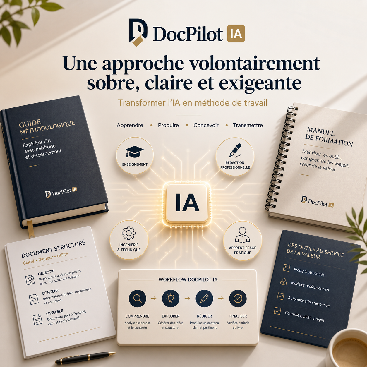 Images d'outils et de documents liés à l'intelligence artificielle, y compris un guide méthodologique, un manuel de formation, un document structuré, un poster sur le workflow de DocPilot IA, et une fiche sur les outils au service de la valeur.