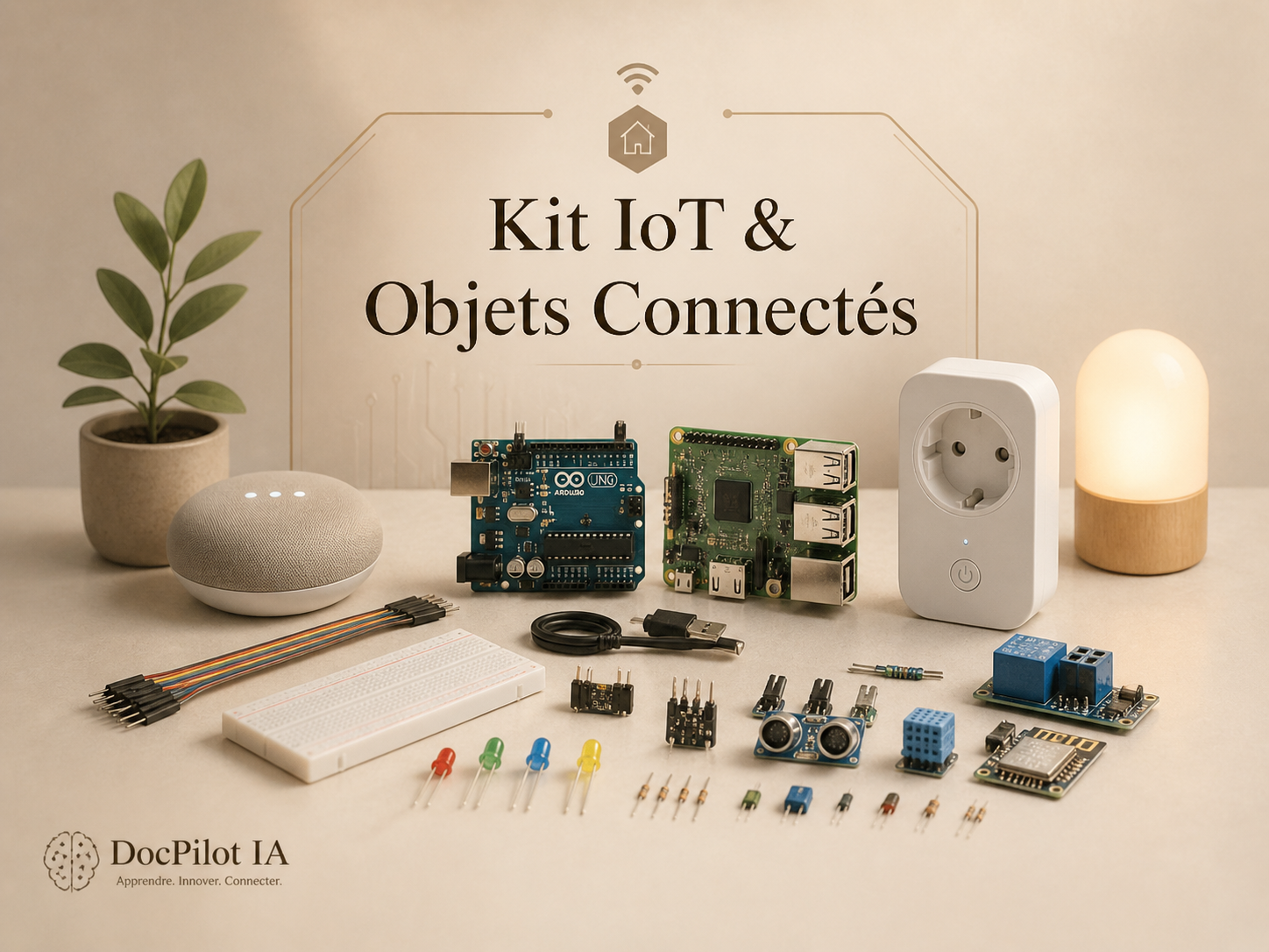 Matériel pour kit IoT et objets connectés, comprenant une plante en pot, une enceinte connectée, une carte Arduino, un Raspberry Pi, une multiprise intelligente, une lampe de bureau, un câble USB, une breadboard, des fils avec diverses résistances, capteurs et modules électroniques, ainsi qu'un logo DocPilot IA.