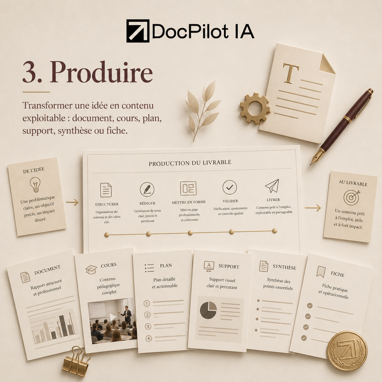 Infographie sur la production de contenu, avec des icônes et des documents, affichant différentes étapes telles que structurer, rédiger, mettre en forme, valider et livrer. Inclut une fiche pratique et une médaille d'or.