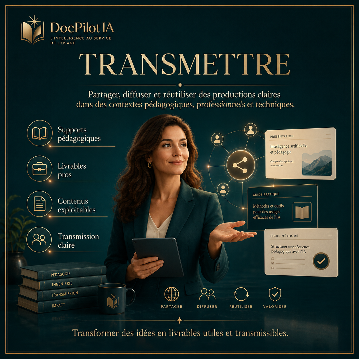 Affiche promotionnelle de DocPilot IA avec une femme tenant une tablette, entourée d'icônes et de textes expliquant la transmission, le partage, la diffusion et la réutilisation de productions claires en intelligence artificielle.