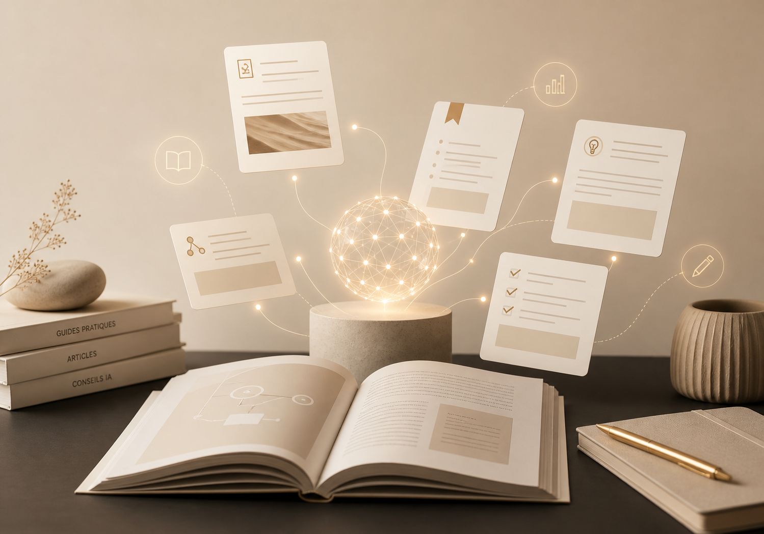 Une table avec des livres, un cahier, un stylo, et un objet lumineux en forme de sphère entouré d'icônes illustrant des fichiers, une croissance, des idées, une liste, une connexion, et un crayon, évoquant le travail sur document ou projet numérique.
