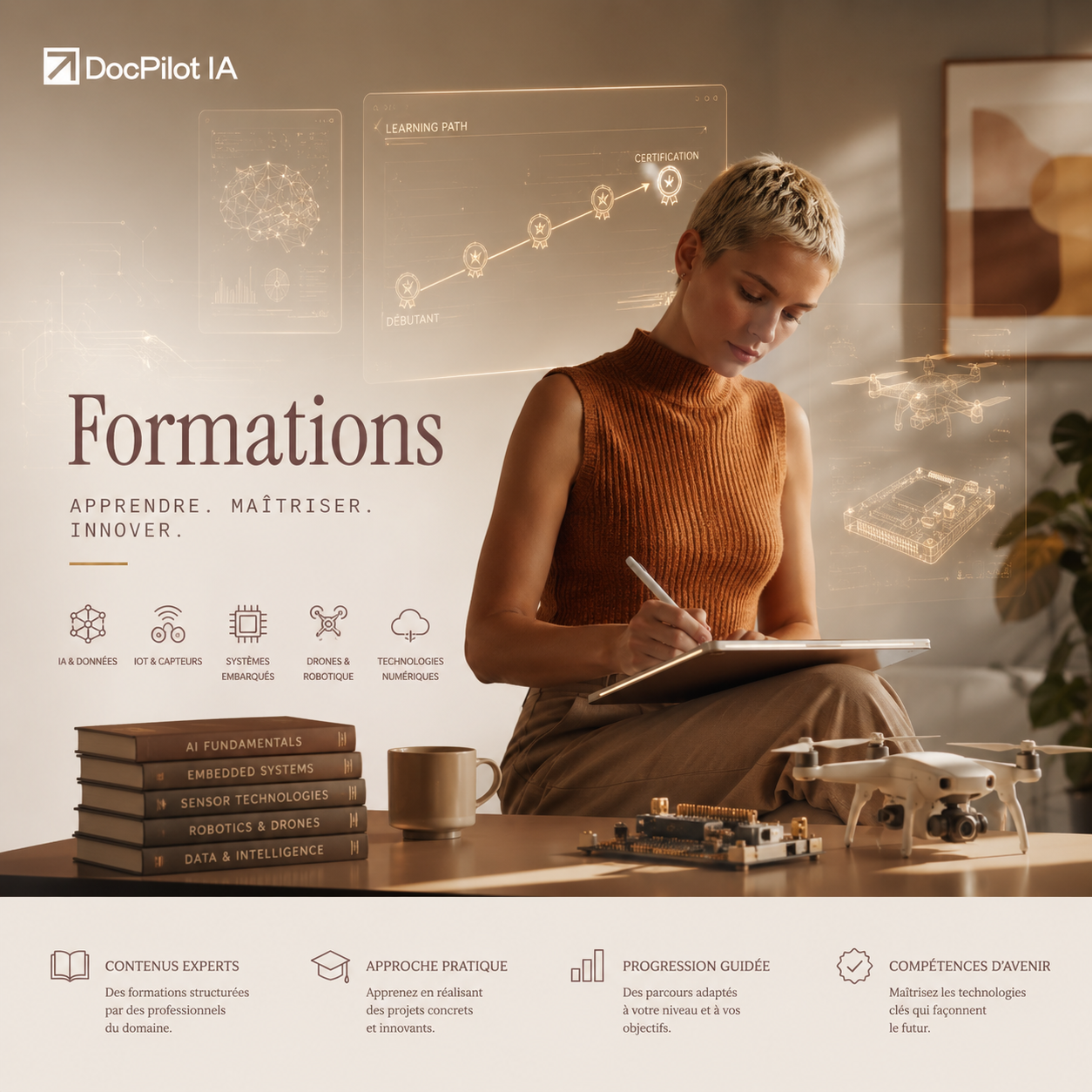 Image d'une promotion de formations dans le domaine de la technologie, avec une femme qui écrit dans un carnet, entourée de livres et de drones, avec des graphiques holographiques sur un mur en arrière-plan.
