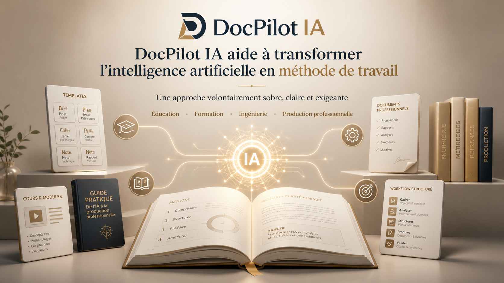 Présentation de DocPilot IA avec des livres, des fiches, et un ordinateur ouvert illustrant la méthode de travail en intelligence artificielle