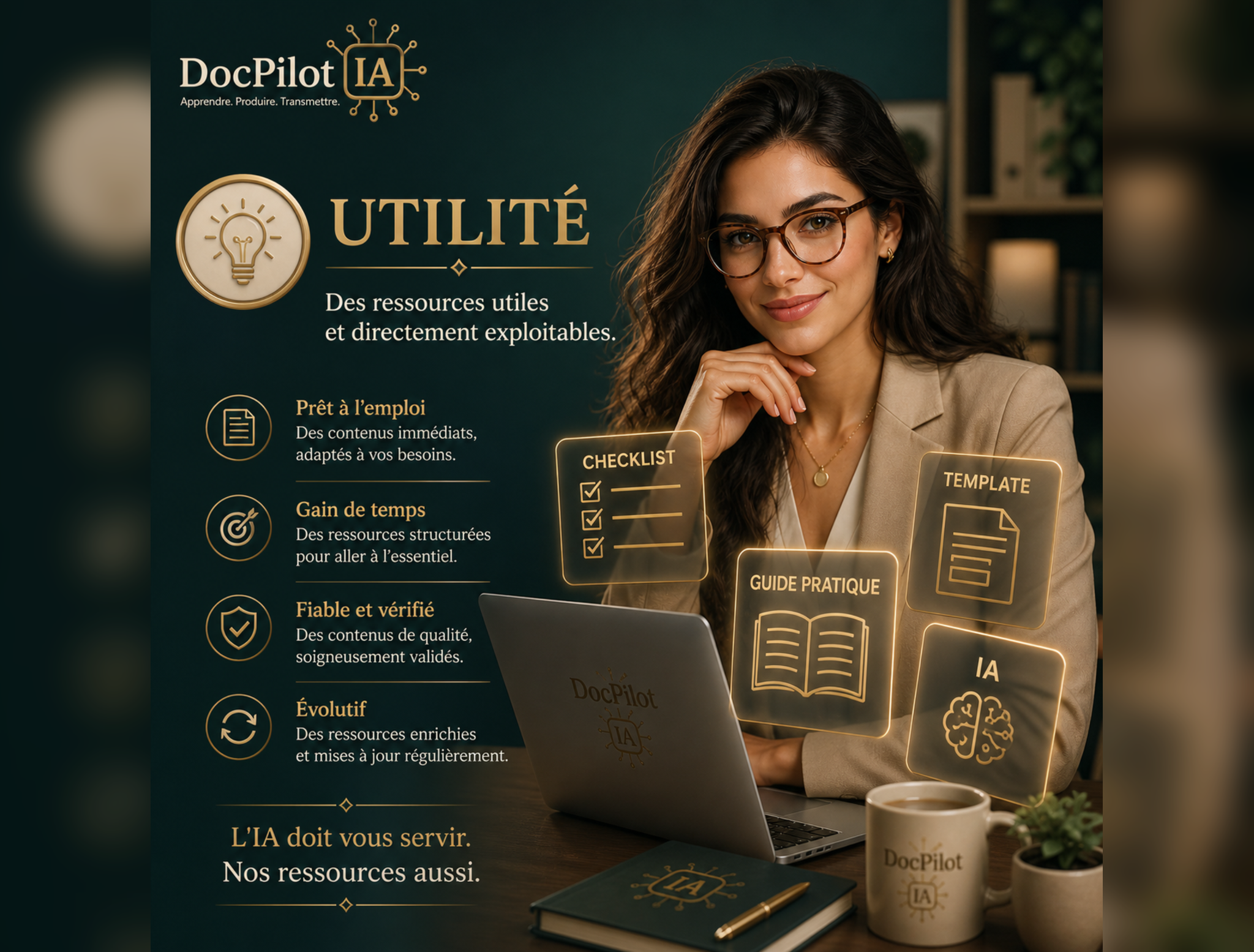Une femme souriante portant des lunettes, assise devant un ordinateur. Sur l'écran, il y a des notes et des documents liés à une ressource d'apprentissage appelée DocPilot IA. L'image met en avant des éléments de planification et d'organisation avec des icônes de checklists, de modèles, de guides pratiques et de ressources structurées.