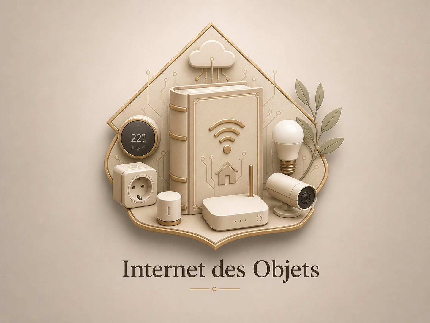 Illustration beige d'objets connectés pour la maison intelligente, y compris une ampoule, une enceinte, une caméra, un thermostat, une prise électrique, un routeur, une feuille avec des branches, et un livre avec symbole Wi-Fi, le tout sous un signe indiquant « Internet des Objets ».