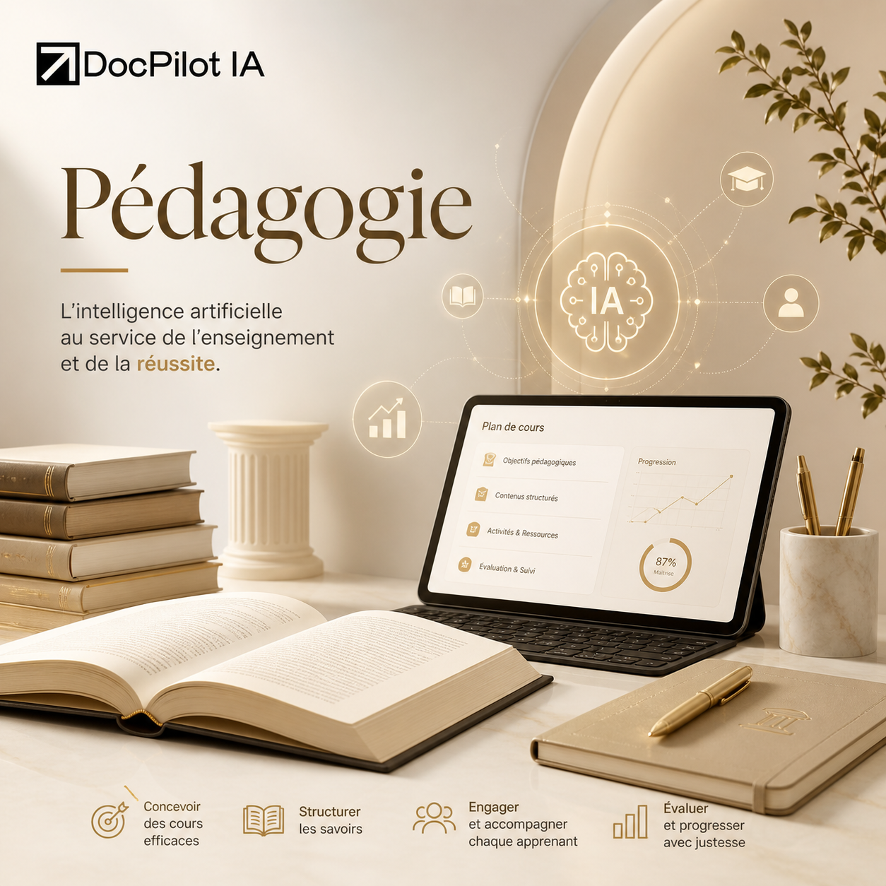 Page de présentation d'un outil pédagogique basé sur l'intelligence artificielle, avec un ordinateur portable affichant un plan de cours, des livres, et une plante décorative dans un environnement de bureau, en mettant en avant la réussite éducative.