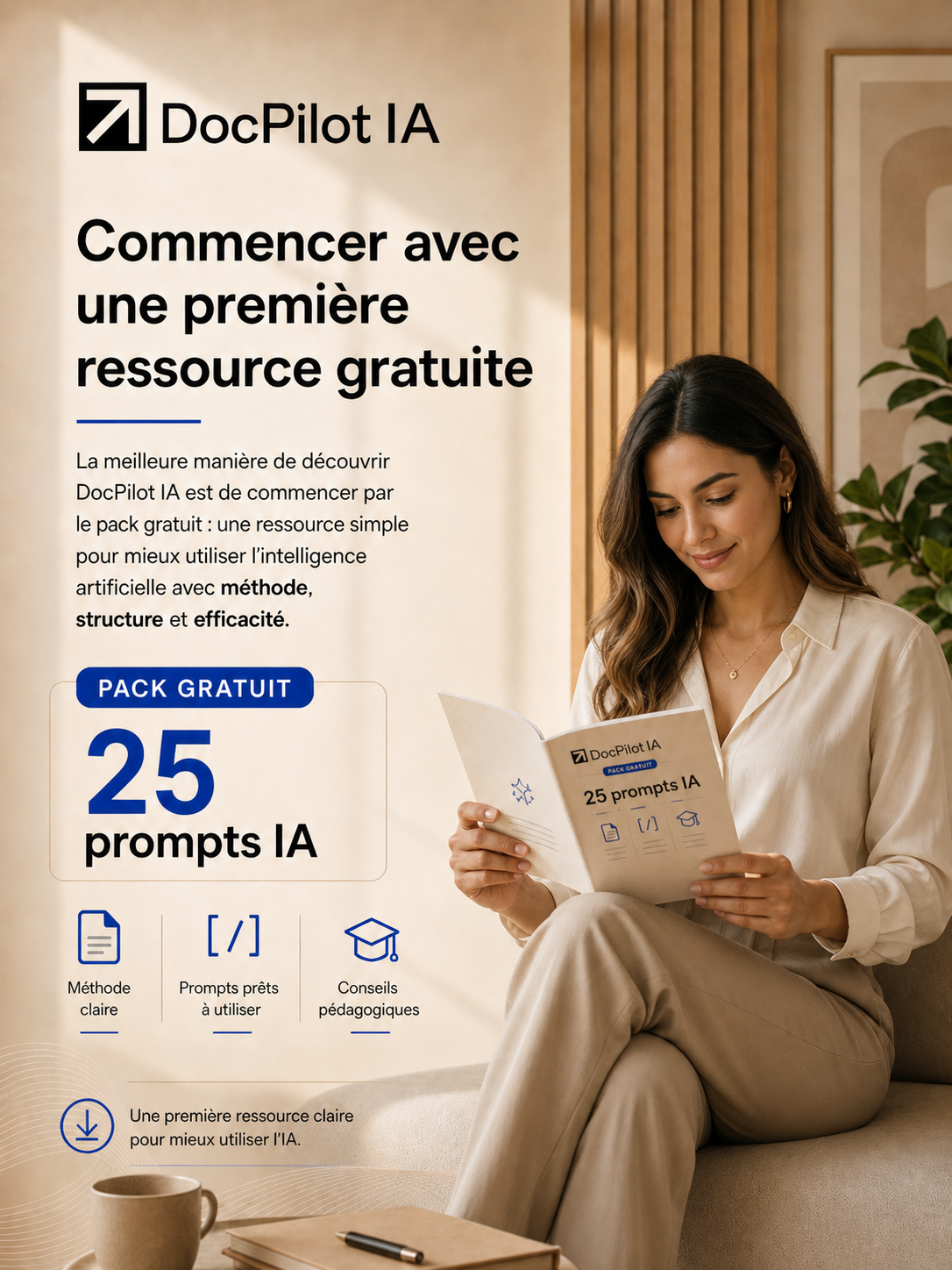 Affiche publicitaire pour DocPilot IA offrant un pack gratuit de 25 prompts IA, avec une femme assise en train de lire un brochure, en intérieur avec décor en bois et plantes.