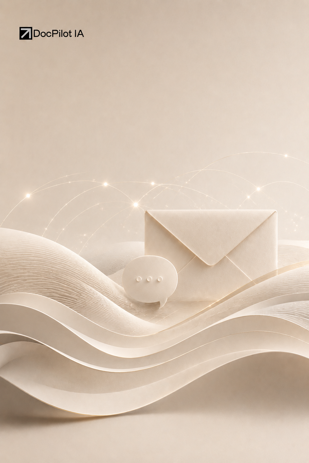 Une image en tons beiges et blancs montrant une enveloppe, une bulle de dialogue avec trois points, un fond ondulé avec des lignes courbes, et des étoiles scintillantes. En haut à gauche, le logo DocPilot IA.