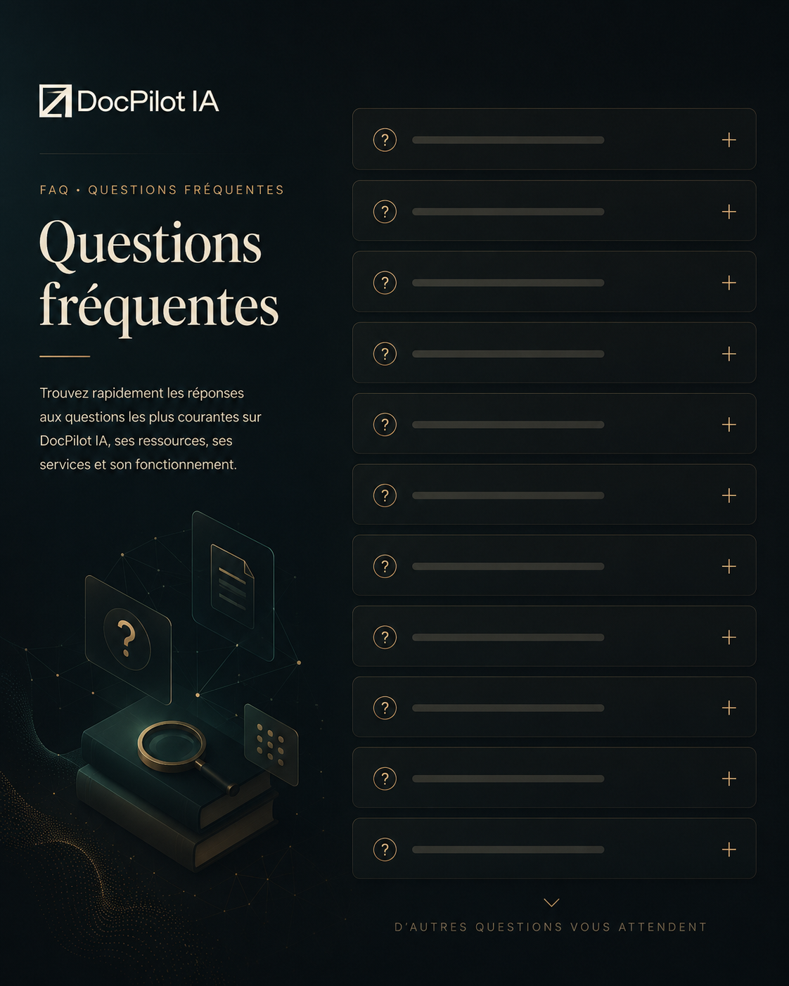Page FAQ de DocPilot IA avec titre 'Questions fréquentes', liste de questions avec icônes de point d'interrogation et options pour afficher les réponses, illustration de documents et d'une loupe.