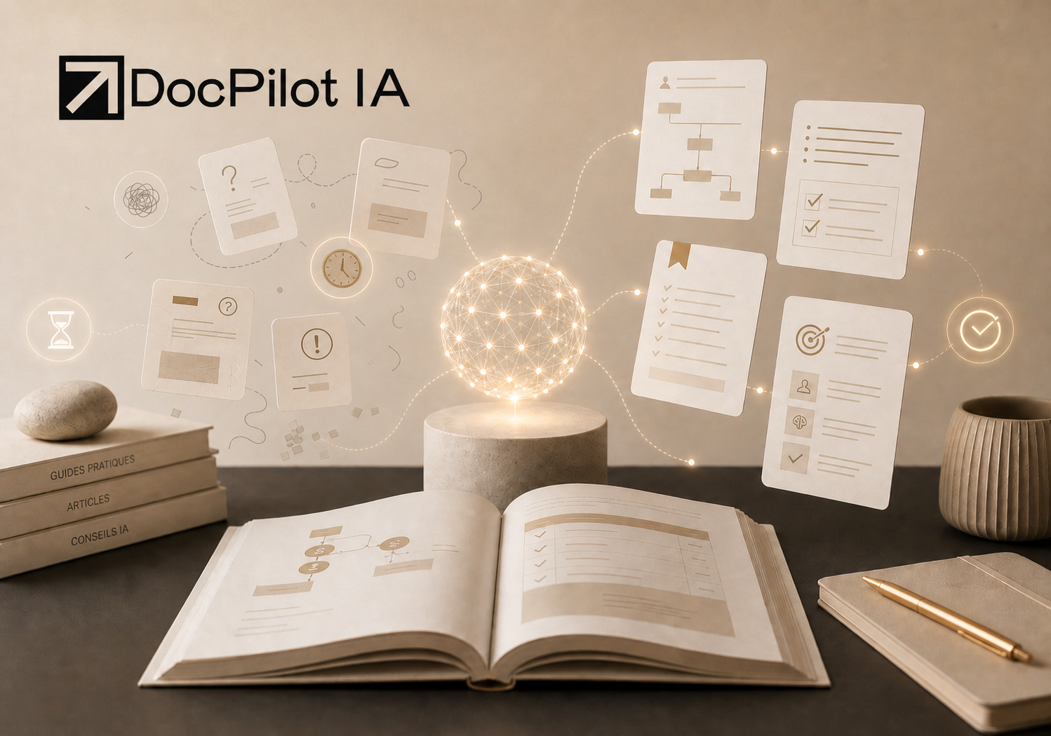 Table avec livres, carnet, stylo, pot de fleurs et une sphère lumineuse, avec des éléments graphiques numériques liés à l'intelligence artificielle et la gestion de projet, incluant diagrammes, listes et icônes de validation.