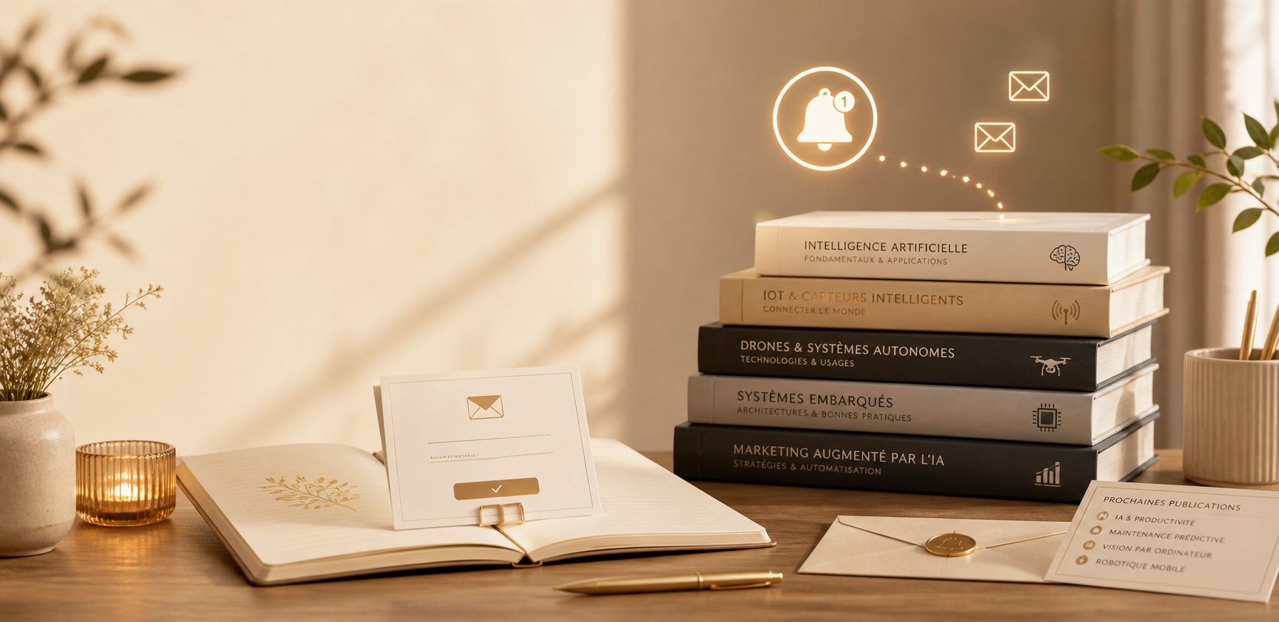 Une étagère avec des livres sur l'intelligence artificielle, IoT, drones, systèmes embarqués et marketing IA, décorée avec une plante, une bougie, une tasse, des papiers, un stylo et une petite boîte à courrier sur un bureau en bois.