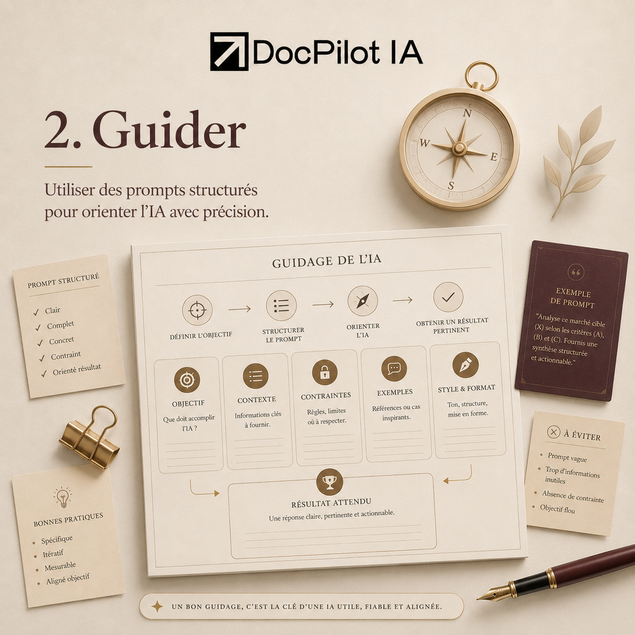 Guide illustré pour orienter l'intelligence artificielle avec des étapes telles que définir l'objectif, structurer le prompt, orienter l'IA, obtenir un résultat pertinent, présenté avec des icônes, entouré de notes et d'objets décoratifs comme une boussole, un stylo et des notes.