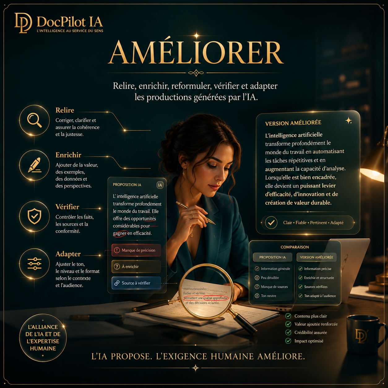 Infographie sur l'amélioration de la production par l'intelligence artificielle, avec un homme au centre, texte, icônes et comparatif entre proposition IA et version améliorée.