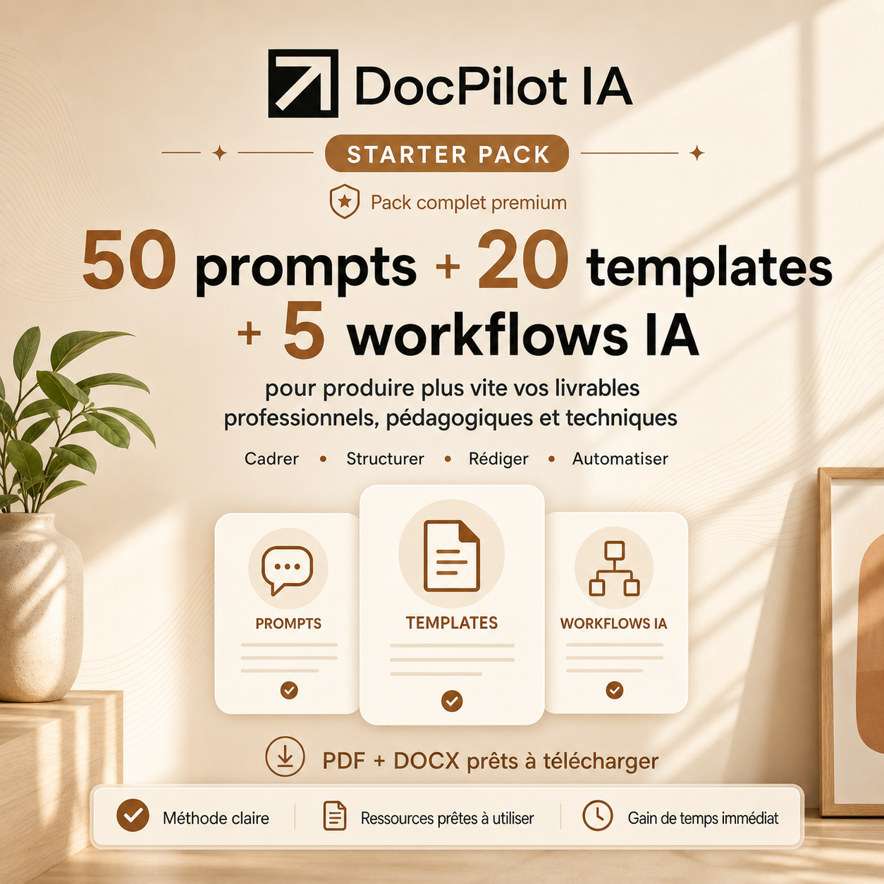 Affiche présentant un pack de démarrage de DocPilot IA, incluant 50 prompts, 20 modèles et 5 workflows IA, avec une décoration minimaliste, une plante verte à gauche et un cadre en bois à droite, sur fond beige avec ombres naturelles.