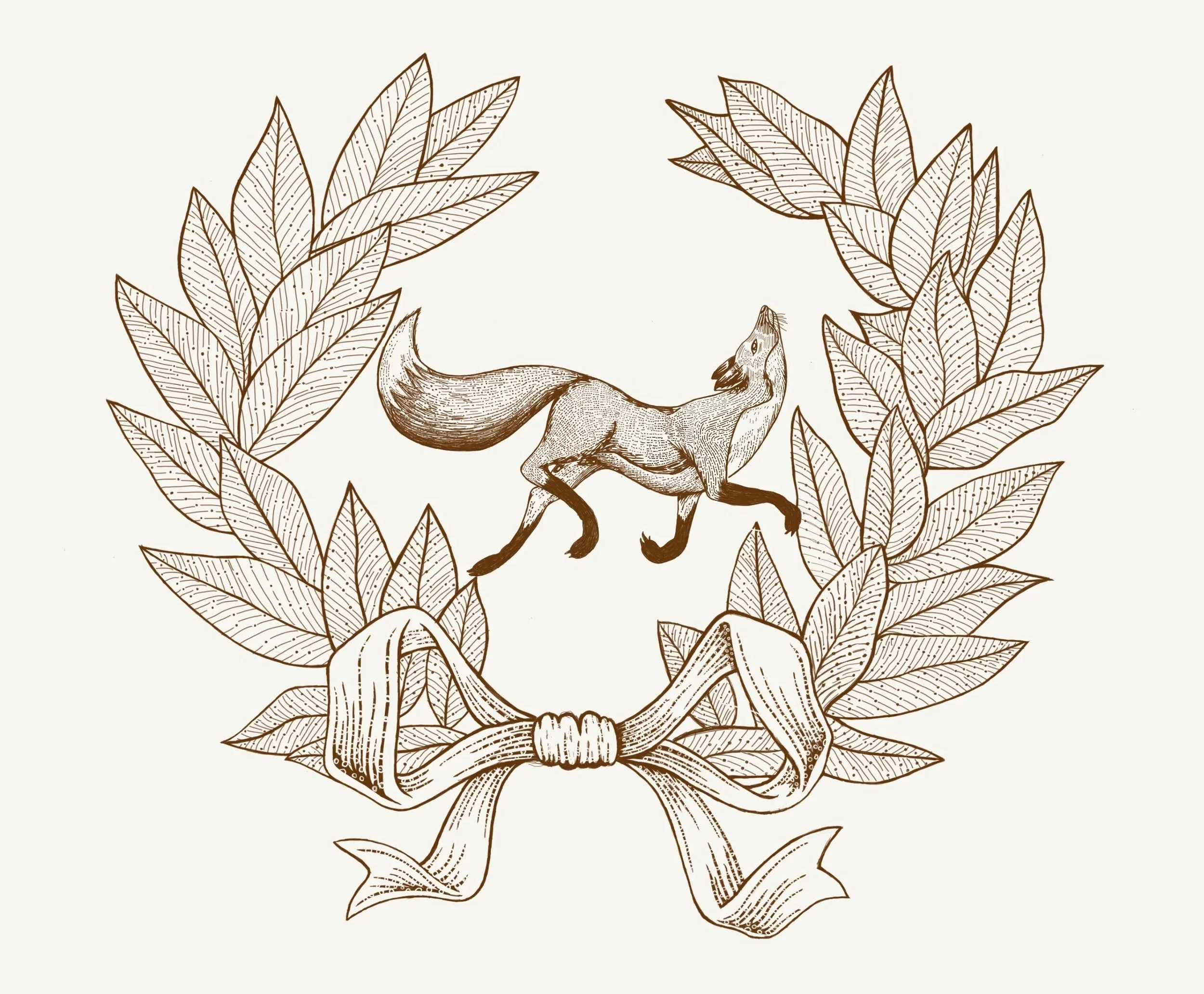 An illustrated heraldic crest featuring a fox surrounded by leafy branches, with a ribbon at the bottom.