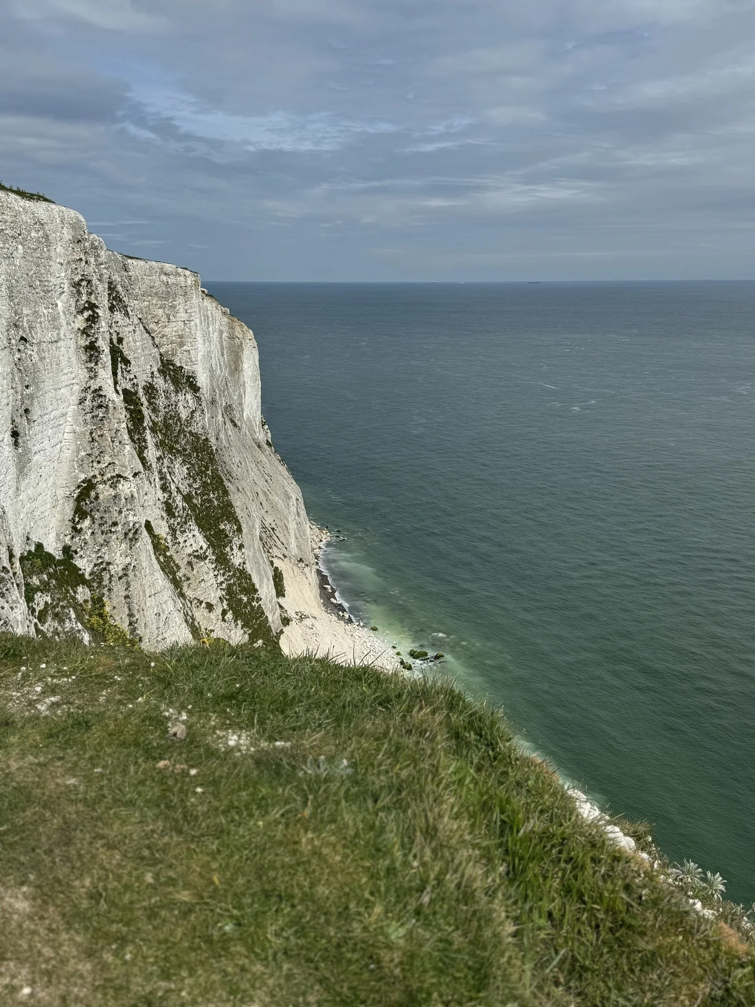 White chalk cliffs overlooking the sea with overcast sky and green grass at the edge.