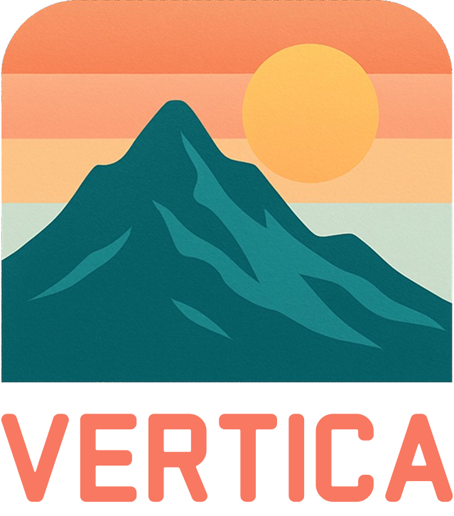 A stylized mountain with a large orange sun in the background and a sunset sky with pink, orange, and light green horizontal stripes.