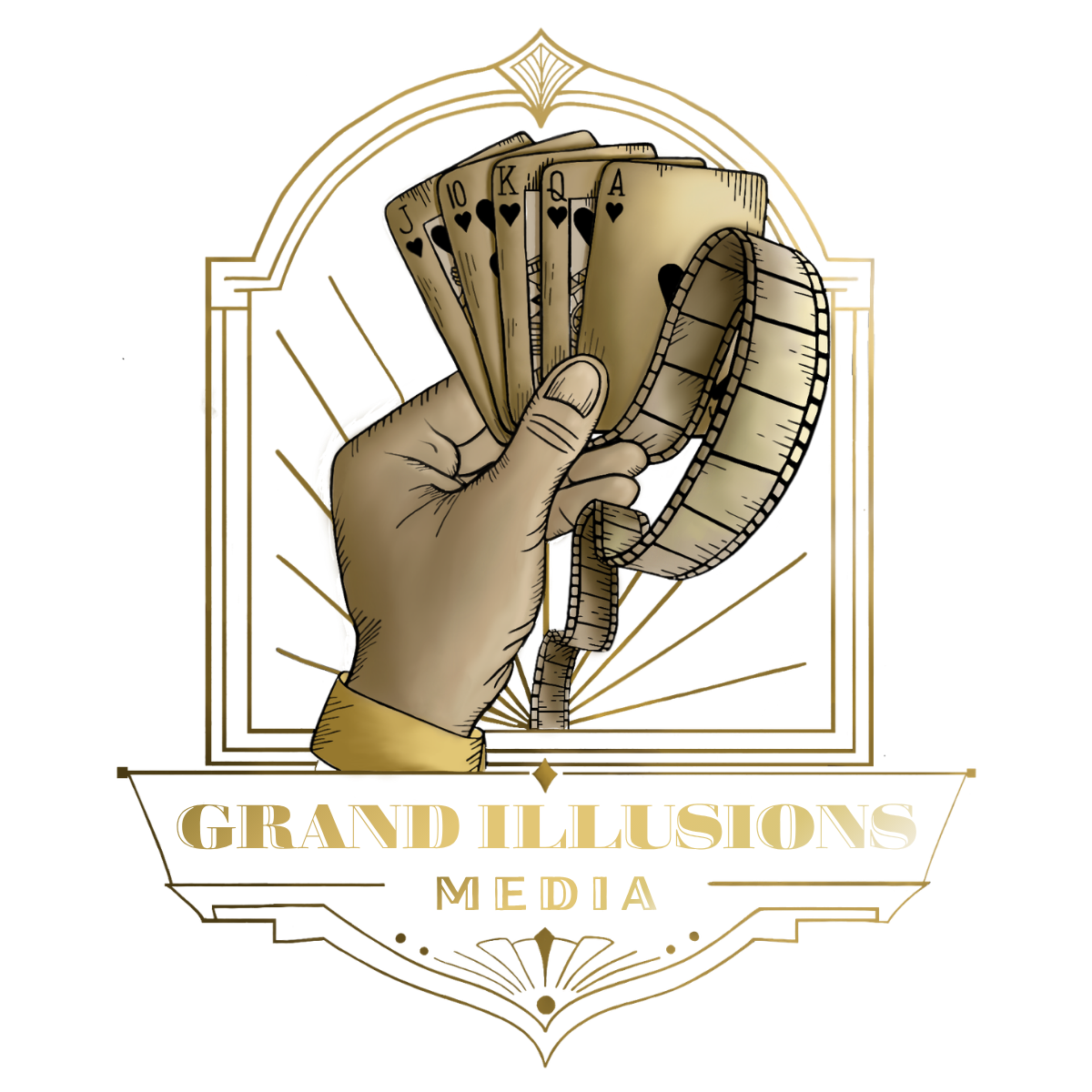 Vintage-inspired Grand Illusions Media logo showing a detailed illustrated hand holding a fan of playing cards intertwined with a film strip, framed by Art Deco linework in textured gold tones against a black background.