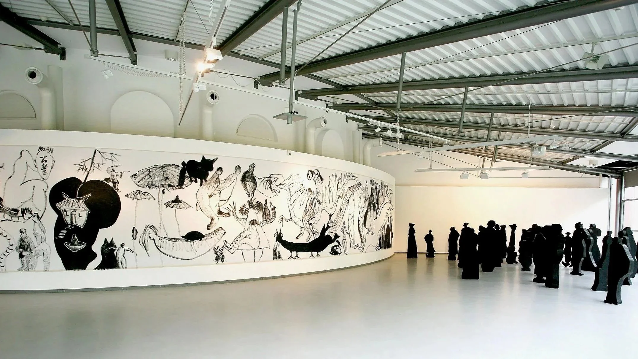 The Year of Dragon, 2012 a huge painting, acrylic on canvas, 1200cmx220cm and 33 sculptures from wood, Installation, variable 