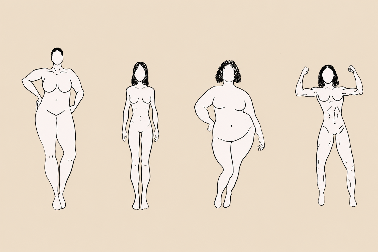 Line drawing of four women of different body types standing side by side on a beige background.