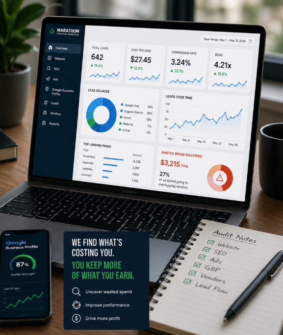 A laptop displaying marketing analytics data, including total leads, cost per lead, conversion rate, ROAS, lead sources, leads over time, and a chart of top landing pages. Next to it, a smartphone shows a website analytics dashboard. There's a notepad with audit notes for website, SEO, ads, GBP, vendors, and lead flow, along with an audit note card stating, "We find what's costing you. You keep more of what you earn." A pen is placed on the notepad.