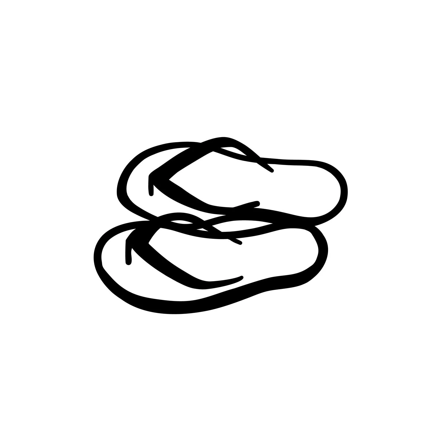 A simple black outline drawing of a pair of flip-flops, with one shoe slightly overlapping the other.