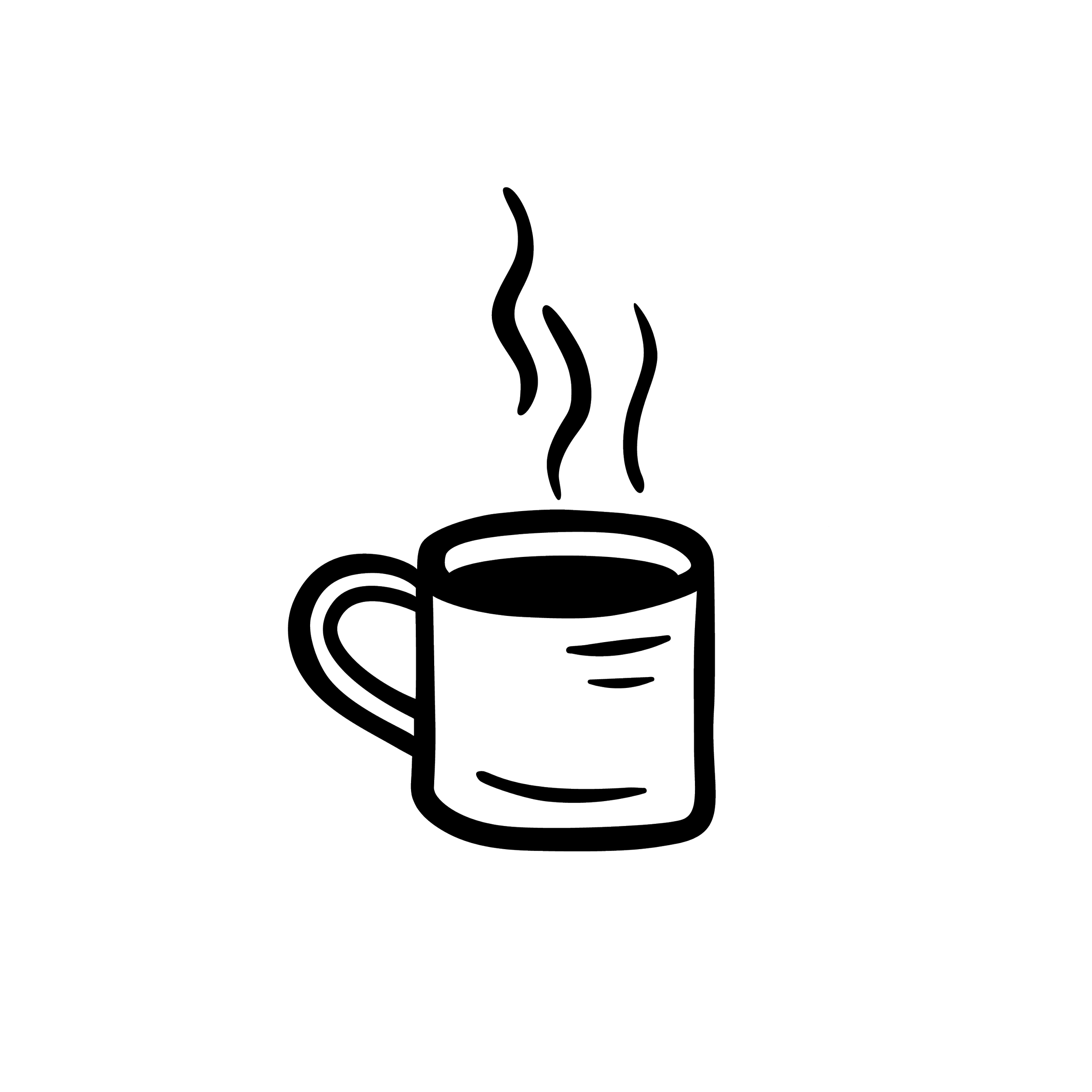 Outline drawing of a steaming cup of coffee on a saucer with decorative lines around the cup.