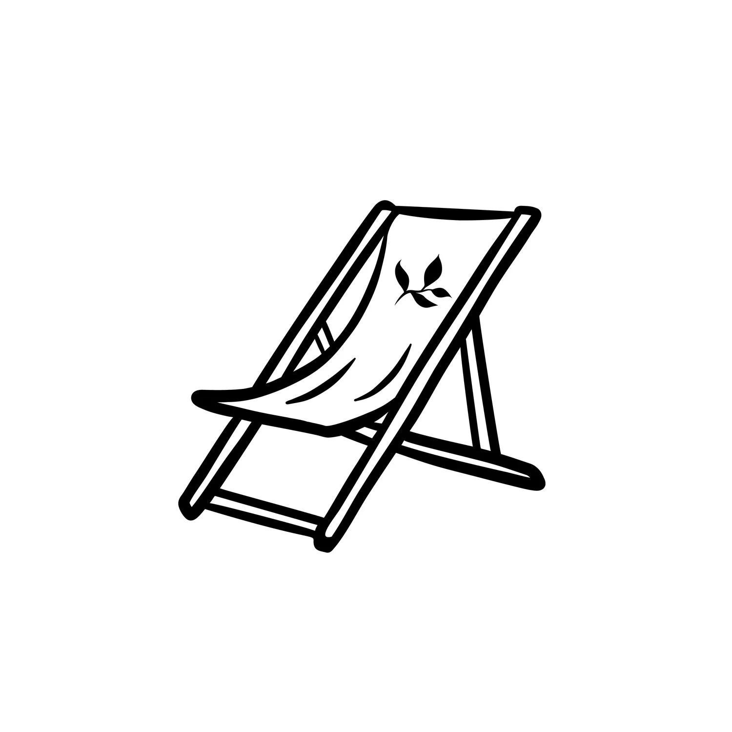 Black and white illustration of a deck chair with a cloth featuring a leaf design draped over it.