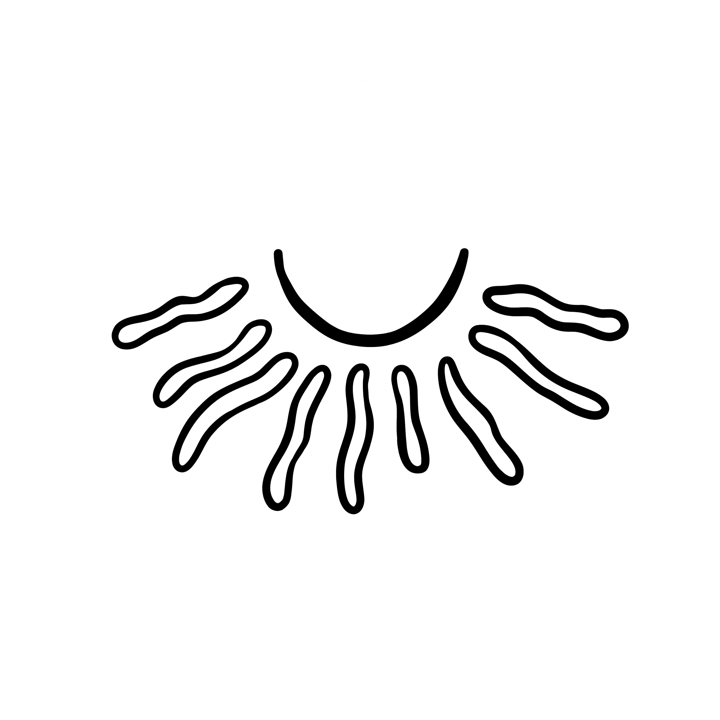 Line drawing of a happy sun with long sun rays and wavy lines beneath it.