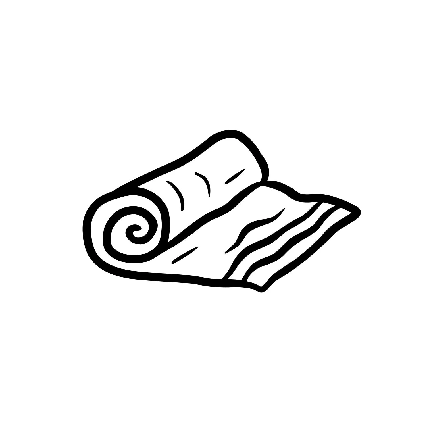 Black and white sketch of a rolled-up towel and a towel with wavy edges.