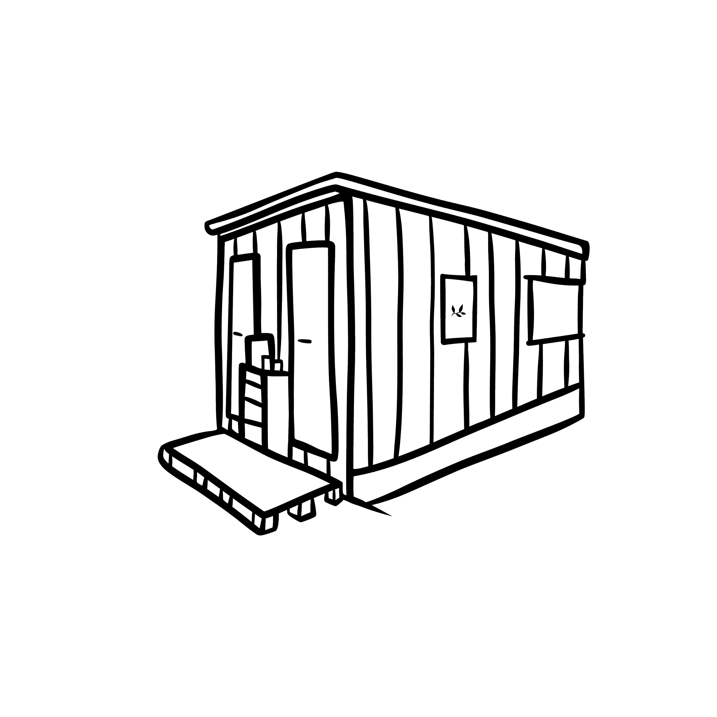 Line drawing of a small modern cabin with a flat roof, large windows, and a door, on a black background.