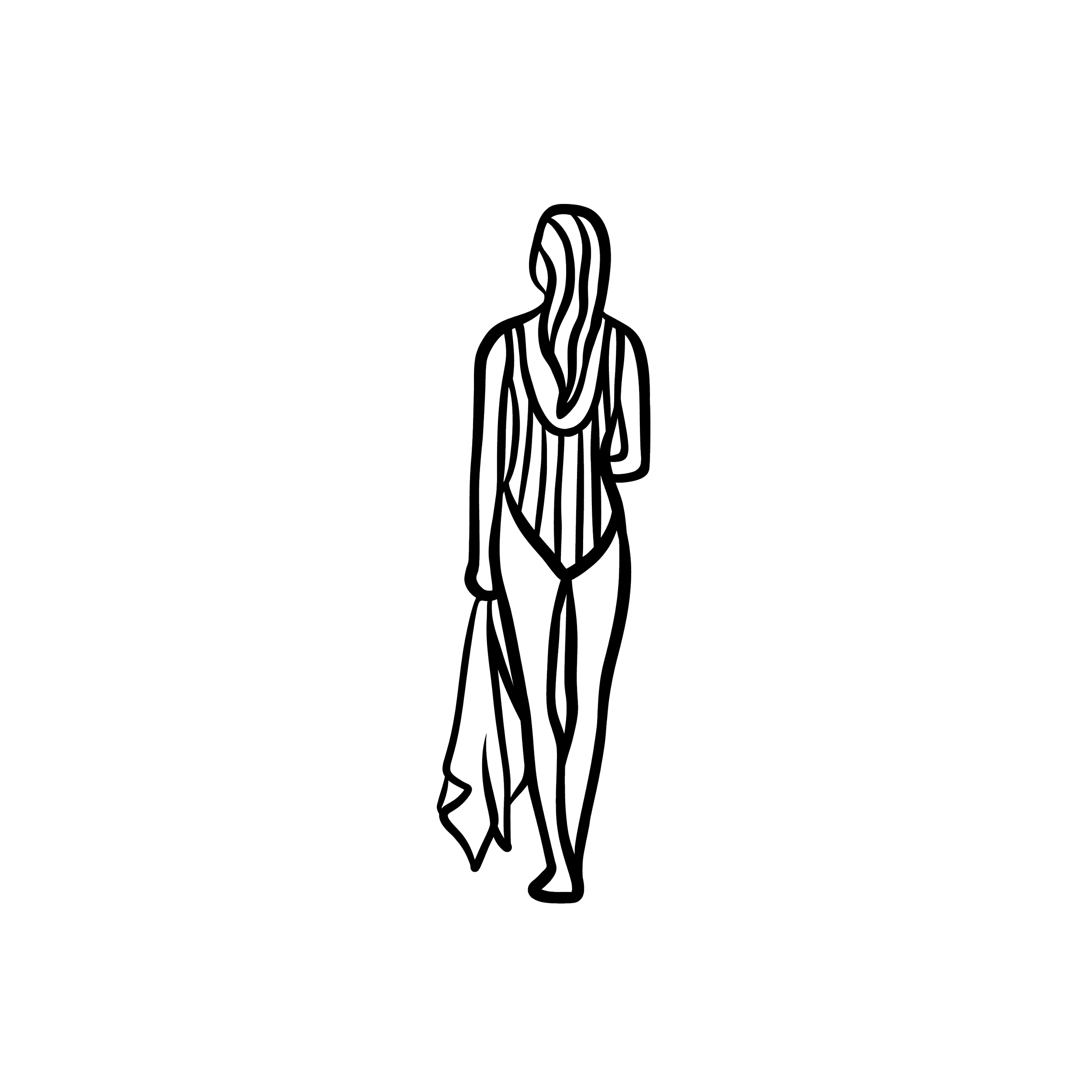 Outline illustration of a woman with long hair, wearing a dress, facing forward.