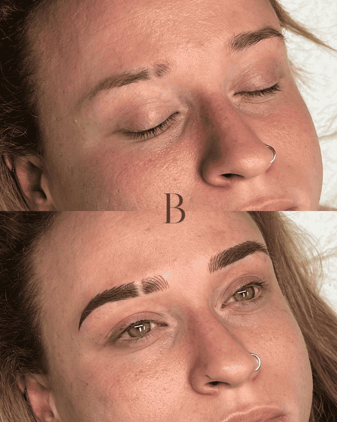 Close-up of a woman's face showing a before and after of eyebrow microblading, with the top image showing natural eyebrows and the bottom image displaying freshly microbladed, fuller eyebrows.