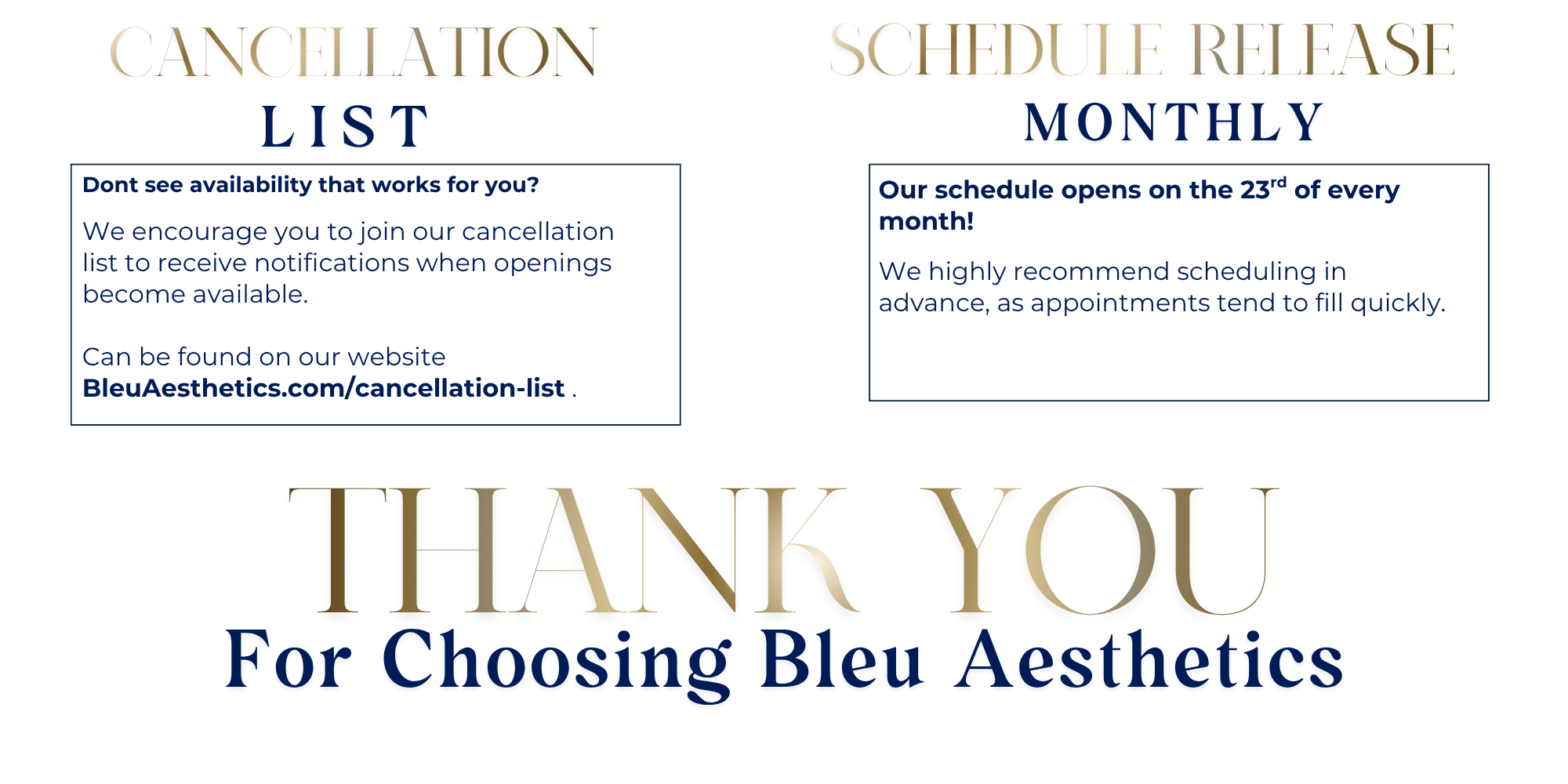 A thank you message for choosing Bleu Aesthetics with words in a decorative font, acknowledging scheduling and cancellation options, along with a color scheme of black, gold, and blue.