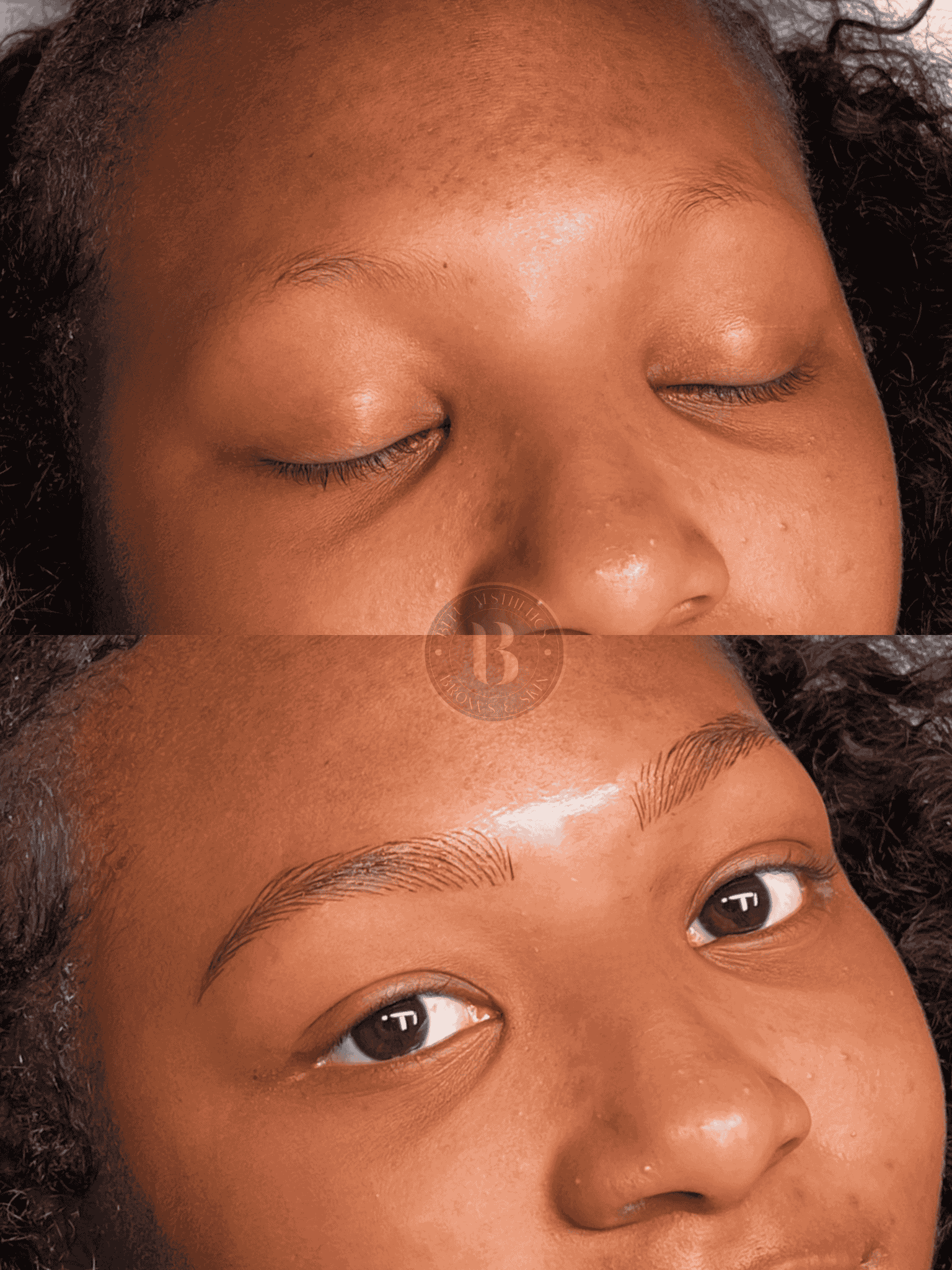 Close-up of a woman's face with closed eyes, showing detailed skin and curly hair around her face.