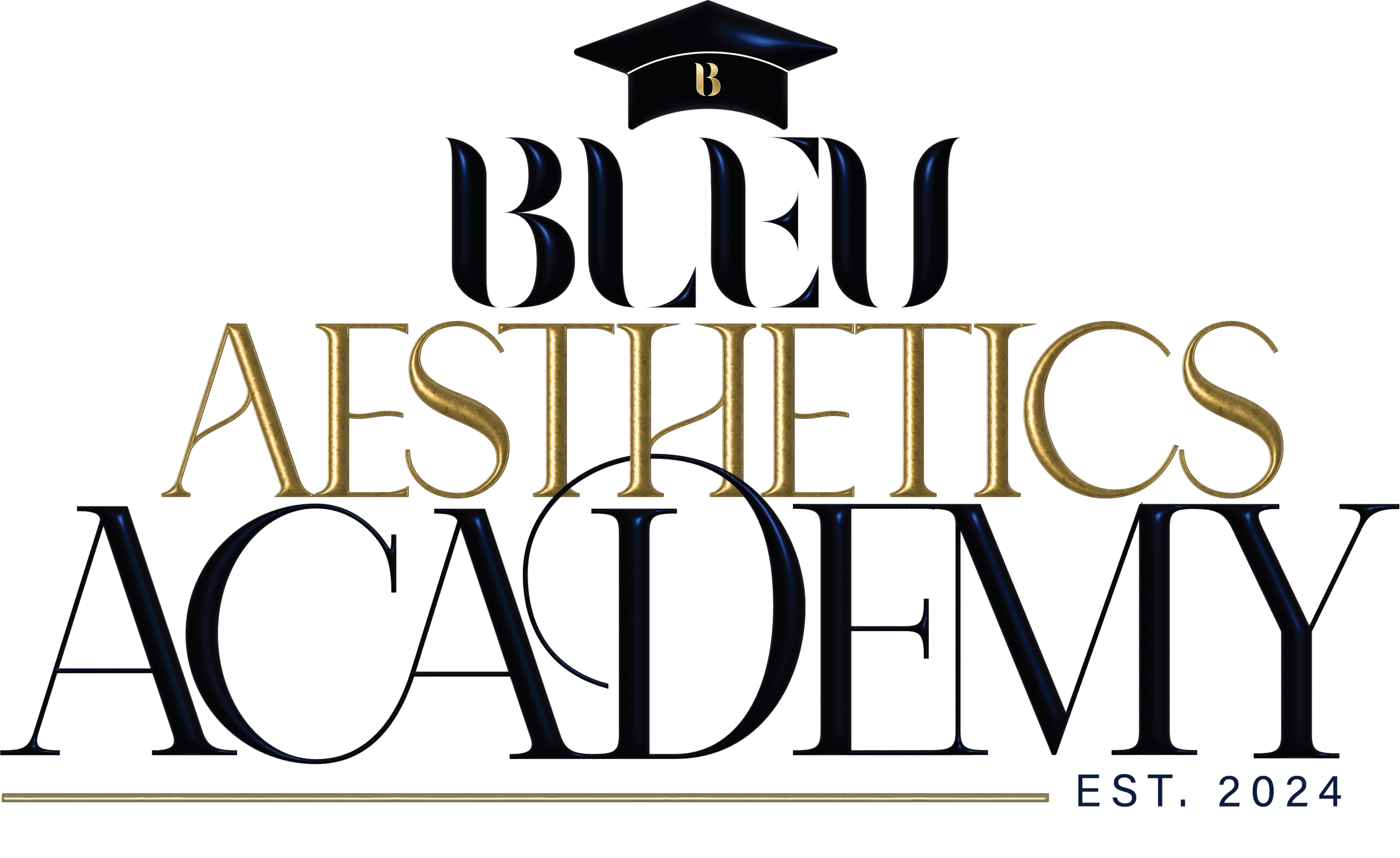 The logo of Blue Asthetics, featuring a graduation cap above the stylized text 'BLUE' in dark blue with a black sheen, 'ASTHETICS' in gold, and an 'EST. 2024' in smaller blue text at the bottom right corner.