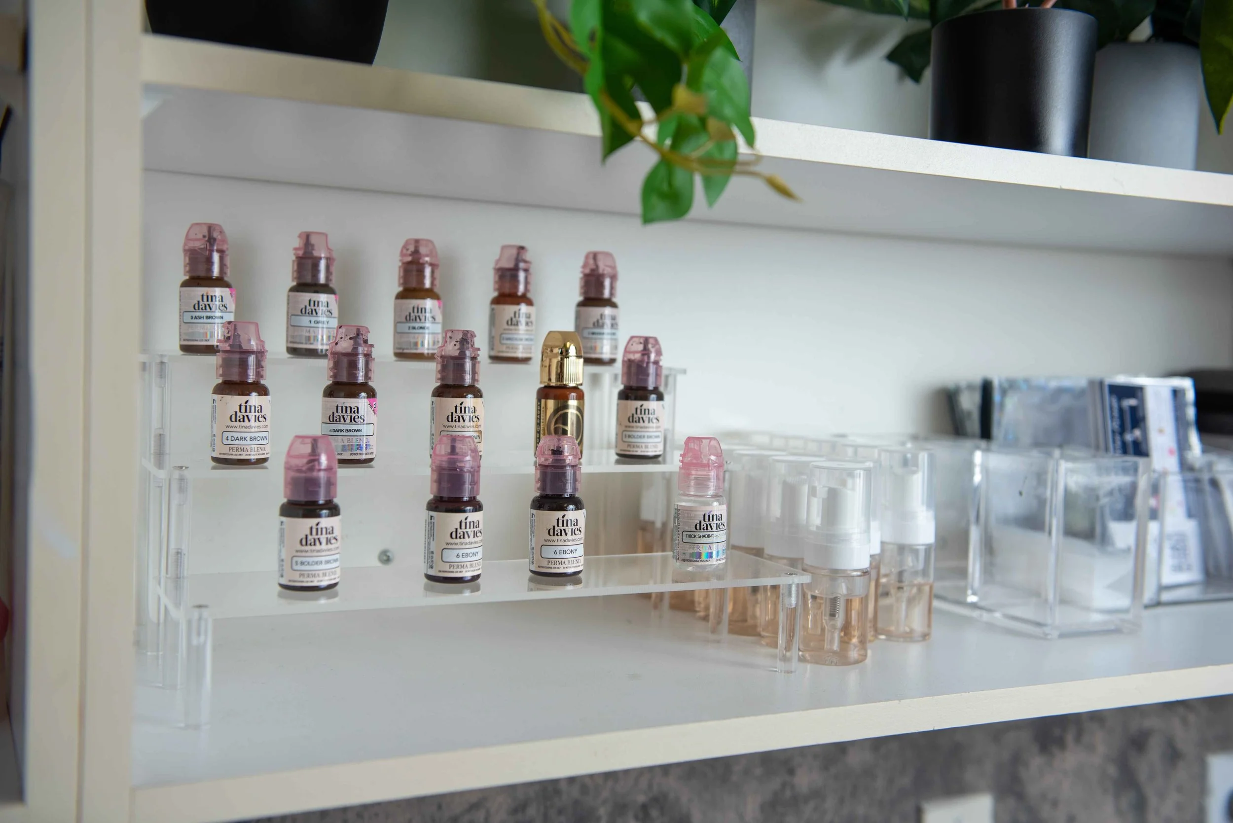 Shelf displaying various bottles of Tina Davies tattoo ink, labeled with different shades and types, in a clean, organized setup with additional storage containers and plants in the background.
